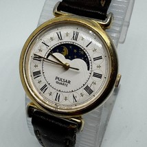 Vintage Pulsar Quartz Watch Women Moon Phase Gold Tone Roman Leather New Battery - £52.65 GBP