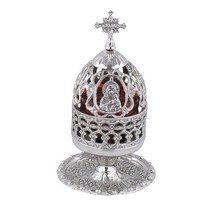 Engraved Nickel Plated Vigil Lamp with Holy Theotokos (9580 N) - £52.68 GBP