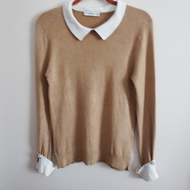 Zara Knit Tan/Cream Pearl Button Cuff Sweater L - £27.56 GBP