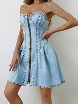 Ruched Zip Up Spaghetti Strap Denim Dress - £35.11 GBP