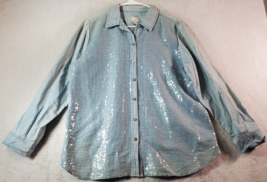 Chico&#39;s Shirt Womens Size 2 Blue Sequin Cotton Long Sleeve Collared Button Down - £16.52 GBP