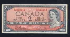 BANK of CANADA 1954 - bank note TWO DOLLAR serial # EU3543343 Beatty/Ras... - $12.95