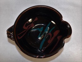 Large Pottery Batter Bowl Slip Painted &amp; Handled Signed Robin Hand Thrown Brown - £11.74 GBP