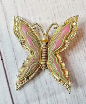 Vintage Estate Butterfly Pin Brooch Pink &amp; Gold &amp; Aurora Borealis - £11.86 GBP