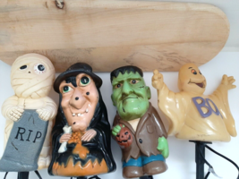 Vintage Halloween Blow Molds Witch Frankenstein Mummy Ghost Spikes Lights Decor - £219.45 GBP