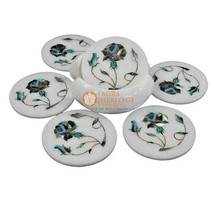 Decorative Marble Top Round Coaster Set Inlay Gemstone Floral Arts Decor... - £203.59 GBP