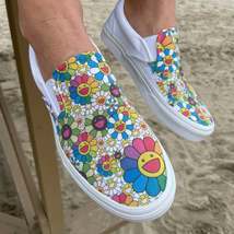 Takashi Murakami Rainbow Flower - Custom Slip On Vans - Men&#39;s And Women&#39;s Shoes - £132.89 GBP