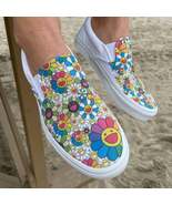 Takashi Murakami Rainbow Flower - Custom Slip On Vans - Men's And Women's Shoes - $169.00