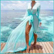Sheer Chiffon Saroong Full Length Long Sleeve Beach Swimsuit Tie Belt Cover Up image 3