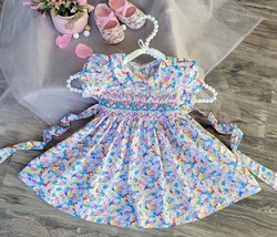 Floral Hand-Smocked Embroidered Baby Girl Dress / Toddler Girls Birthday Dress. - £31.96 GBP
