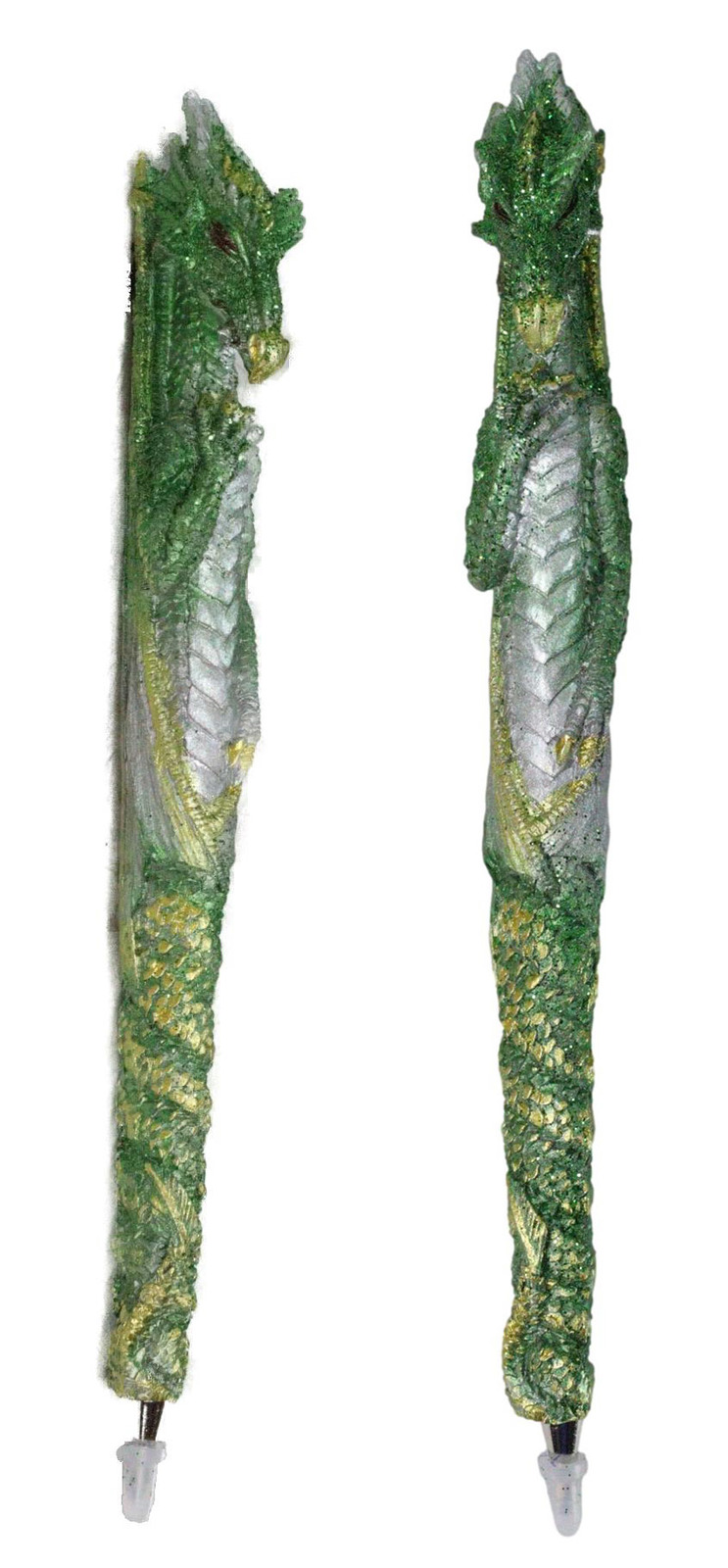 Set of 2 Glitter Metallic Green Medieval Fantasy Dragon Figural Ball Poi... - $14.99