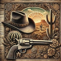 &quot;Retro Western Revolver and Cowboy Hat Wall Art Printable with Rustic De... - $0.00