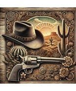 &quot;Retro Western Revolver and Cowboy Hat Wall Art Printable with Rustic De... - $0.00