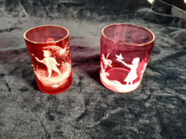 Antique Mary Gregory Victorian Cranberry Glasses, Mug and Rock Glass - $33.31