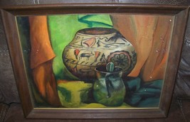 1954 Mary Wiles Indian Pottery Still Life Oil Painting Salvador Dali Influence - £102.55 GBP