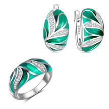 Elegant Emerald Translucent Enamel Jewelry Set 925 Silver Exquisite Green Leaf A - £79.87 GBP