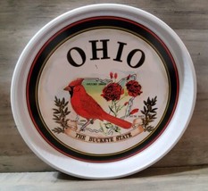 Vintage Ohio The Buckeye State Round Tin Serving Tray Cardinal  Carnation 12&#39;&#39; - £11.08 GBP