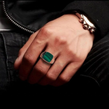 Natural Malachite Ring Malachite Rings Men Statement Jewelry 925 Sterling Silver - £51.29 GBP