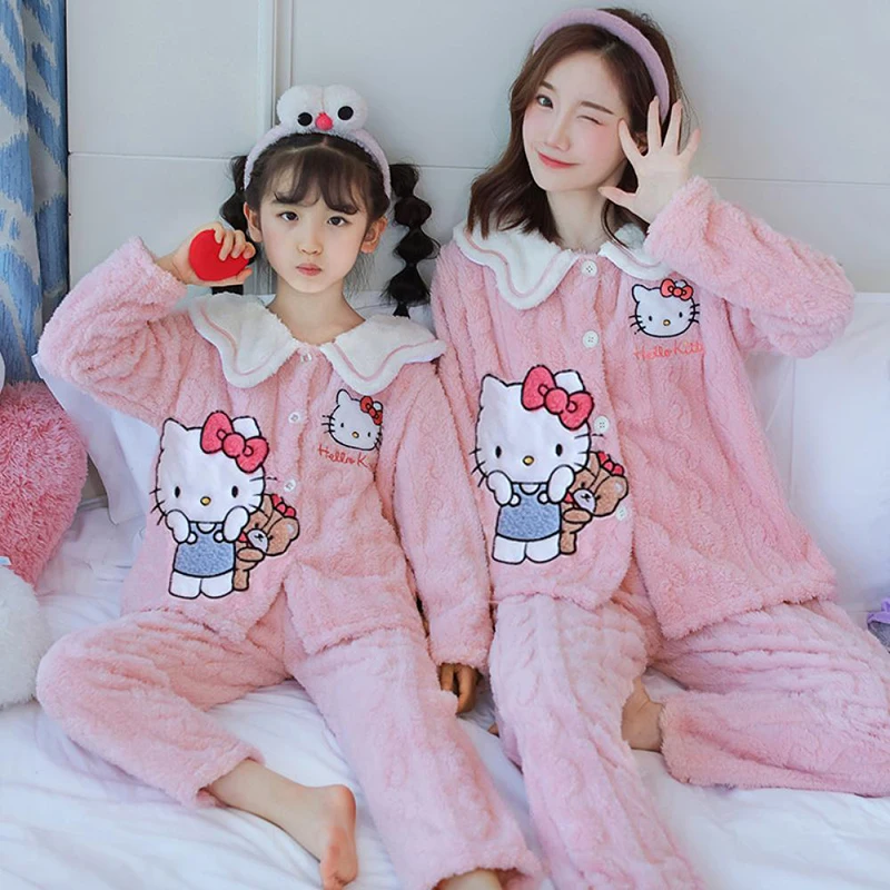 Sanrio Hello Kittys Girls Flannel Pajamas Kids Anime Cartoon Coral Velvet - £28.74 GBP+