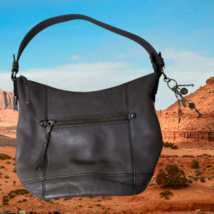 The Sak Gray Leather Shoulder Bag Boho Metal Charms Horn Teardrop Pocket... - $18.95