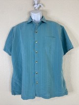 Van Heusen Men Size L Greenish Blue Striped Button Up Shirt Short Sleeve Pocket - $6.30