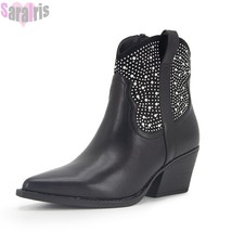 Rhinestone Decor Zipper Design Boots For Women Chunky Heel Fashion Trendy Crysta - £59.89 GBP