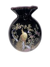 Vintage Japanese Vase Black Balloon Porcelain Peacock Floral Design Gold... - $34.00