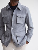 Veste en cuir de champ gris pour homme en daim pur sur mesure Taille SML XXL 3XL - £126.81 GBP