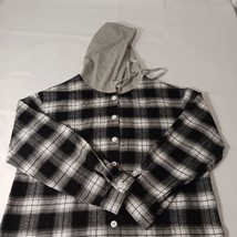 SHEIN Women's Black & White Plaid Flannel Drawstring Hoodie Shirt Jacket Size M image 8