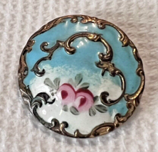 Victorian Pink Rose Blue White Background Floral Enamel Button 7/8&quot; Fanc... - £30.63 GBP