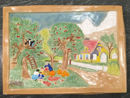 Vintage Chalkware Wall Hanging Art Apple Orchard Colonial Family Picking - £174.95 GBP