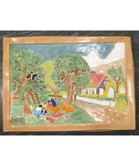 Vintage Chalkware Wall Hanging Art Apple Orchard Colonial Family Picking - £101.60 GBP