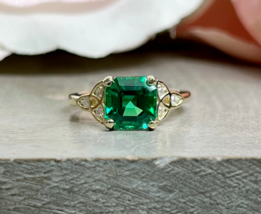 2.00Ct Asscher  Simulated Green Emerald 14k Yellow Gold Plated Engagement Ring - £65.04 GBP