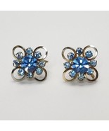 Vintage Atomic Starburst Gold-tone Blue Rhinestones Screw Back Earrings ... - £11.50 GBP