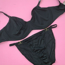 Victoria&#39;s Secret unlined 36C BRA SET XL string panty BLACK gold COMFY soft - £47.62 GBP
