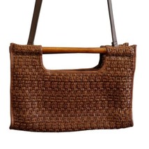 Fossil Brown Straw Rattan Woven Bohemian Shoulder Bag Wooden Handles 11 X 8 - £31.00 GBP