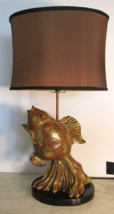 Mid-Century Modern Carved Wood Gold Koi Desk Lamp with Lamp Shade  - £192.53 GBP