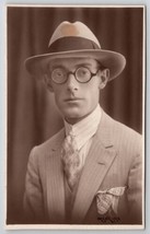 RPPC Dapper Gentleman Round Eyeglasses Pinstripe Suit Portrait Postcard M25 - £12.00 GBP