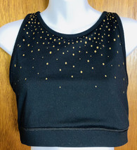 GAIAM Long Sports Bra Sz L Black Gold Polka Dots Strappy Racerback Lined - £13.27 GBP