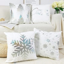 4Pk Decorative Throw Pillow Case Cushion Cover Silver Stamping Snowflake White - £17.84 GBP