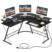 L-shaped Computer Desk with Power Outlet and Monitor Stand-Black - Color: Black - €148,83 EUR