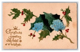 Christmas Greetings Holly Felt Applique Embossed Unused DB Postcard O18 - $7.95