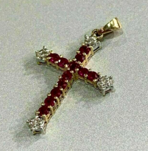 14K Yellow Gold Over 3.00Ct Round Cut Simulated Ruby Cross Pendant Valen... - £85.43 GBP