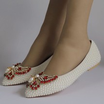 Beige Pearl Women Wedding Matching Bride Flats Bow Ladies Paty Shoes - £65.51 GBP