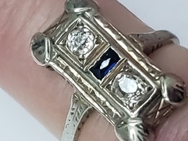 Antique 18k White Gold Old Euro Diamond Sapphire Ring - £1,415.93 GBP