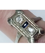 Antique 18k White Gold Old Euro Diamond Sapphire Ring - $1,800.00