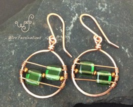 Handmade copper earrings: circles wire wrapped with square green glass b... - $25.00