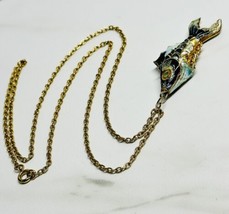 Vintage Highly Articulated Gold Koi Fish Pendant w/ Blue Cloissone Enamel 24” - £50.90 GBP