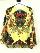 Womens Tunic Top Yellow Red Floral Parrots Long Sleeve Keyhole Neck Plus 1X - £15.56 GBP
