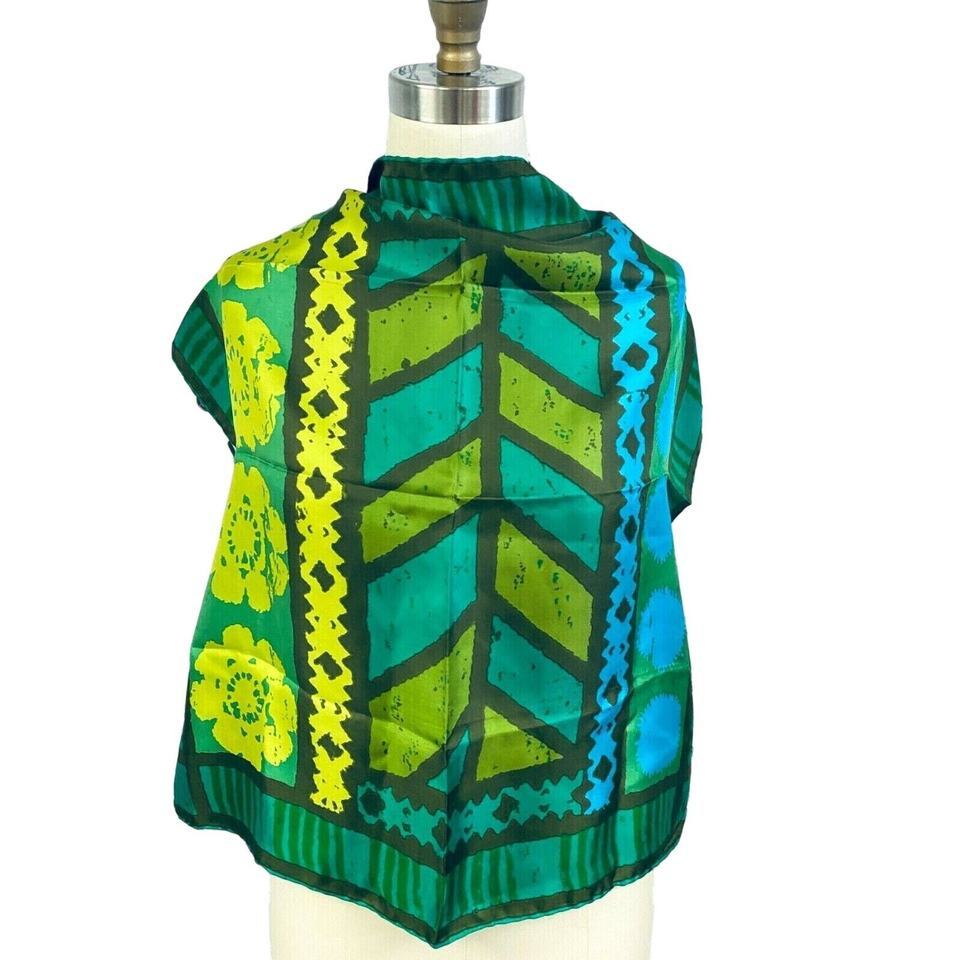 Rarest Vera Neumann Silk Scarf Bright green turquoise Brown 23&quot; Square 70s - $61.48